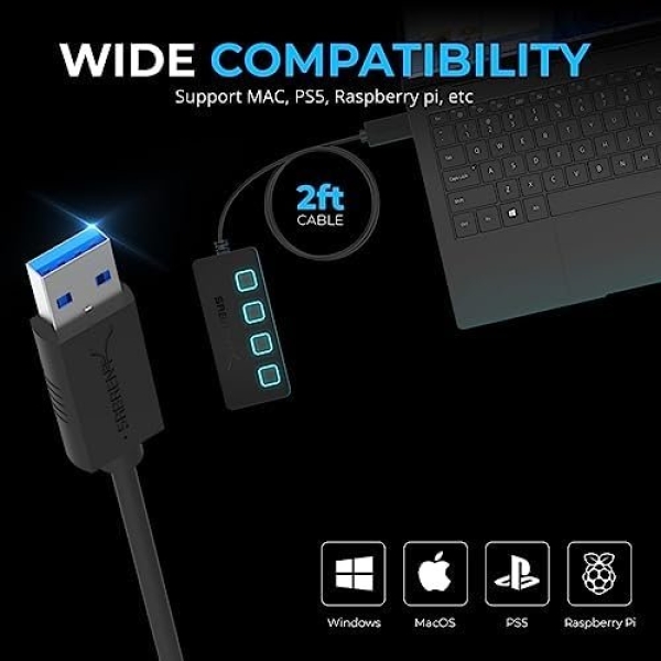 Sabrent 4-Port USB Hub, USB 3.0 Fast Data Hub with Individual LED Power - Image 6
