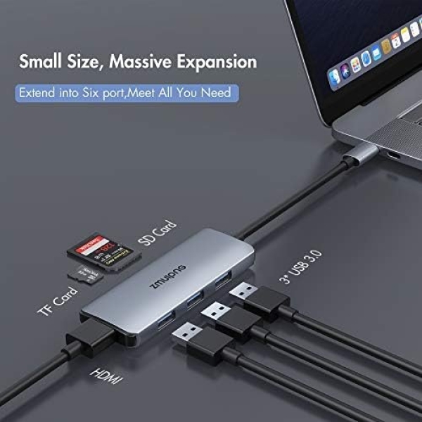 USB C Hub Adapter for MacBook Air, USB C HDMI Dongle for MacBook Pro, 6 in 1 USB - Image 2