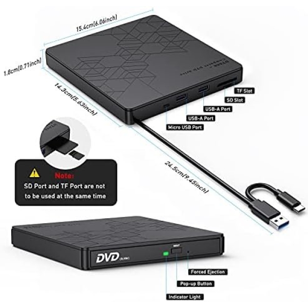 ORIGBELIE External DVD Drive, CD Drive USB 3.0 Typle C CD/DVD ROM +/-RW Adapter - Image 6