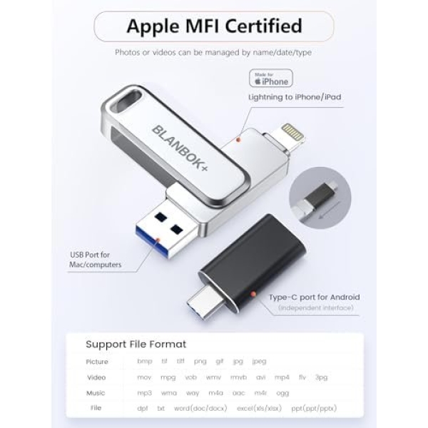 MFi Certified 128GB Flash Drive for iPhone/USB/USB C/,3-in-1 USB Stick - Image 2