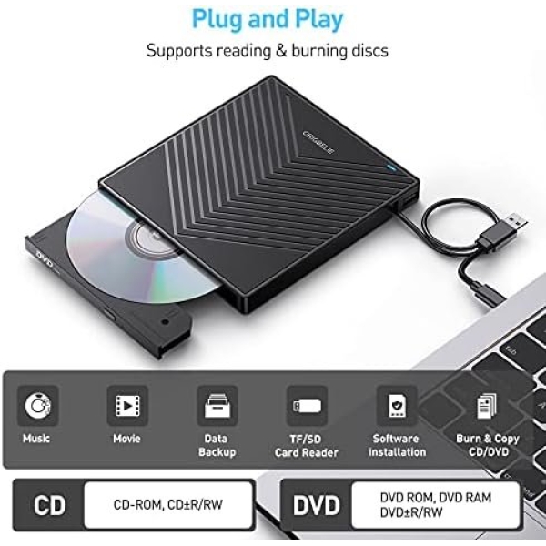 Hiarkio ORIGBELIE External CD DVD Drive, Ultra Slim CD Burner USB 3.0 with 4 USB - Image 3