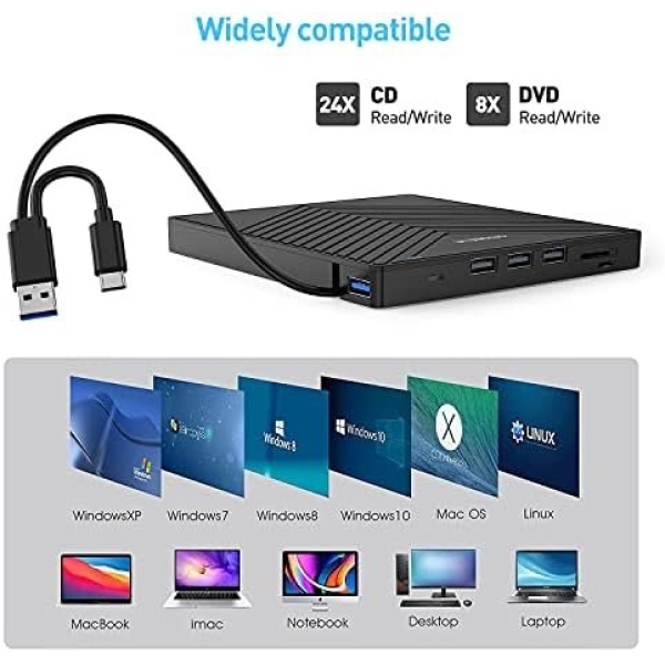 Hiarkio ORIGBELIE External CD DVD Drive, Ultra Slim CD Burner USB 3.0 with 4 USB - Image 4