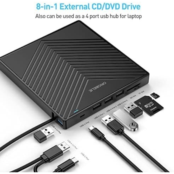 Hiarkio ORIGBELIE External CD DVD Drive, Ultra Slim CD Burner USB 3.0 with 4 USB - Image 2