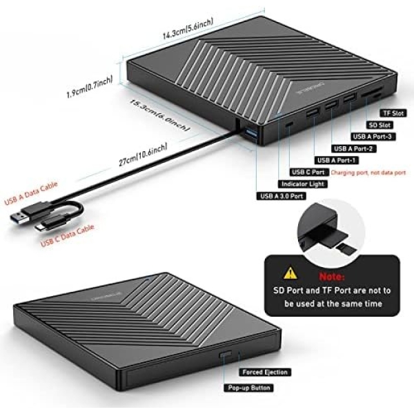 Hiarkio ORIGBELIE External CD DVD Drive, Ultra Slim CD Burner USB 3.0 with 4 USB - Image 5