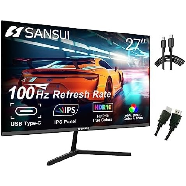 SANSUI Computer Monitors 27 inch 100Hz IPS USB Type-C FHD 1080P HDR10 Built-in