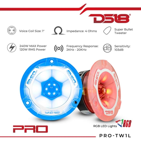 DS18 PRO-TW1L 3.8" RGB Aluminum Super Bullet Tweeter - 1" Voice Coil, - Image 2