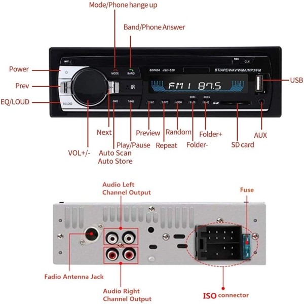Aigoss Bluetooth Car Stereo, 4x60W Car Audio FM Radio, MP3 Player USB/SD/AUX - Image 6