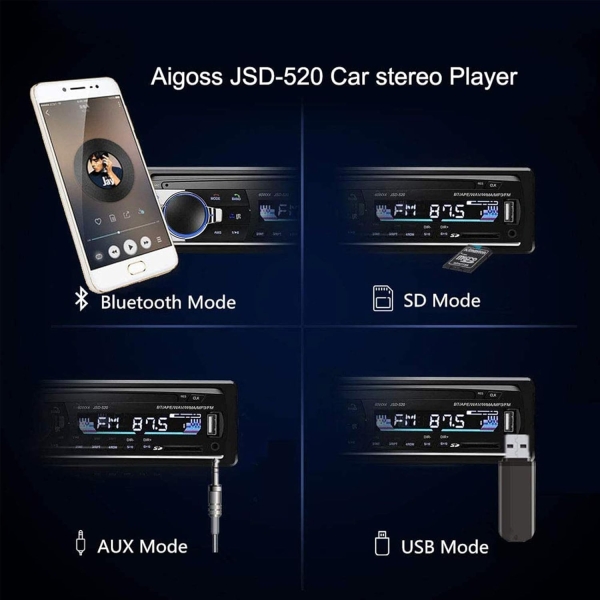 Aigoss Bluetooth Car Stereo, 4x60W Car Audio FM Radio, MP3 Player USB/SD/AUX - Image 4
