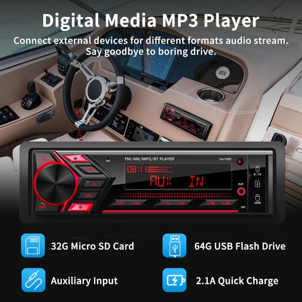 Bluetooth Single Din Car Radio: Marine Stereo Receivers - Multimedia Car Audio - Image 4