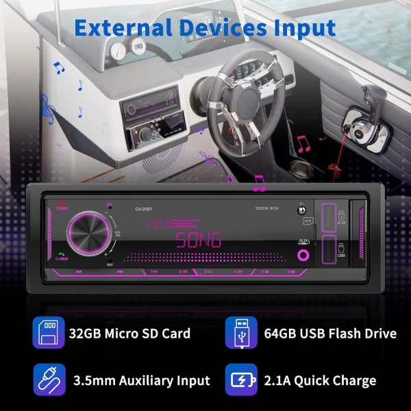 Single Din Car Stereo Receiver: Bluetooth Car Radio System - Marine Audio with - Image 5