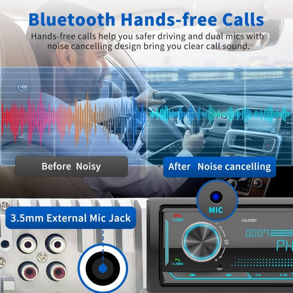 Single Din Car Stereo Receiver: Bluetooth Car Radio System - Marine Audio with - Image 3